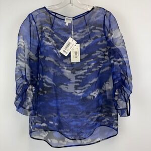 Armani Collezioni Blue Abstract Print Sheer Ruffle Sleeve Silk Blouse Size 6 NWT